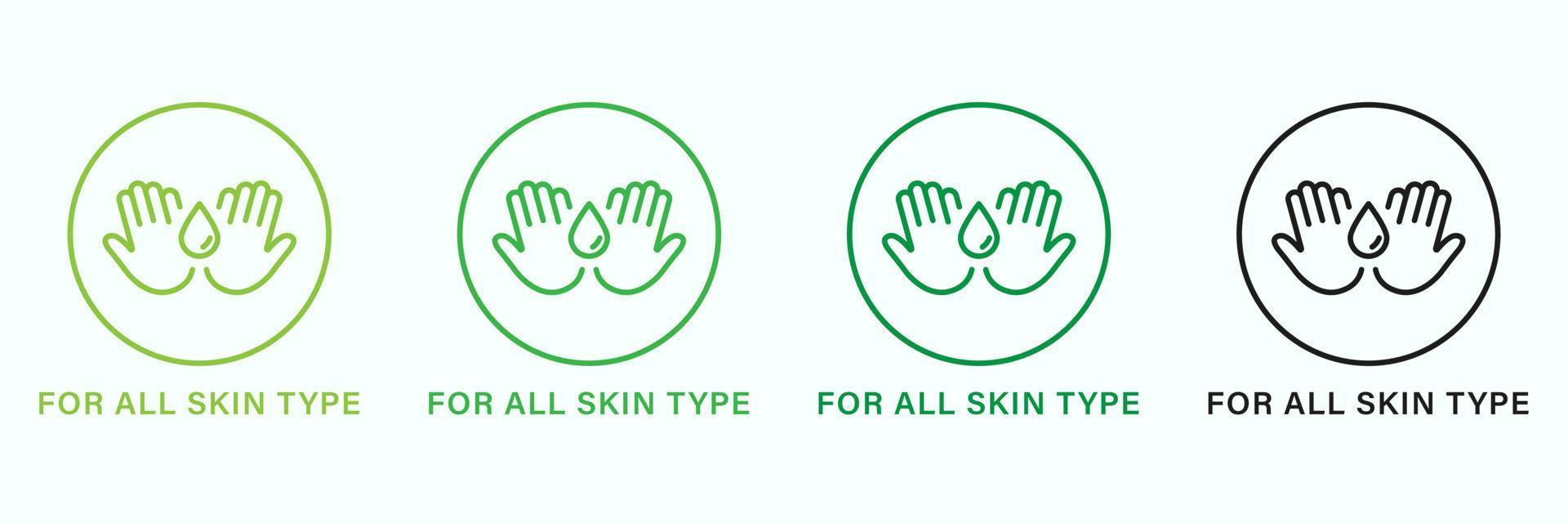 For All Skin Body Types Line Green and Black Icon Set. Cosmetic Beauty Product Outline Pictogram. Natural Cosmetic For All Skin Types Icon. Dermatology Skincare Symbol. Isolated Vector Illustration.