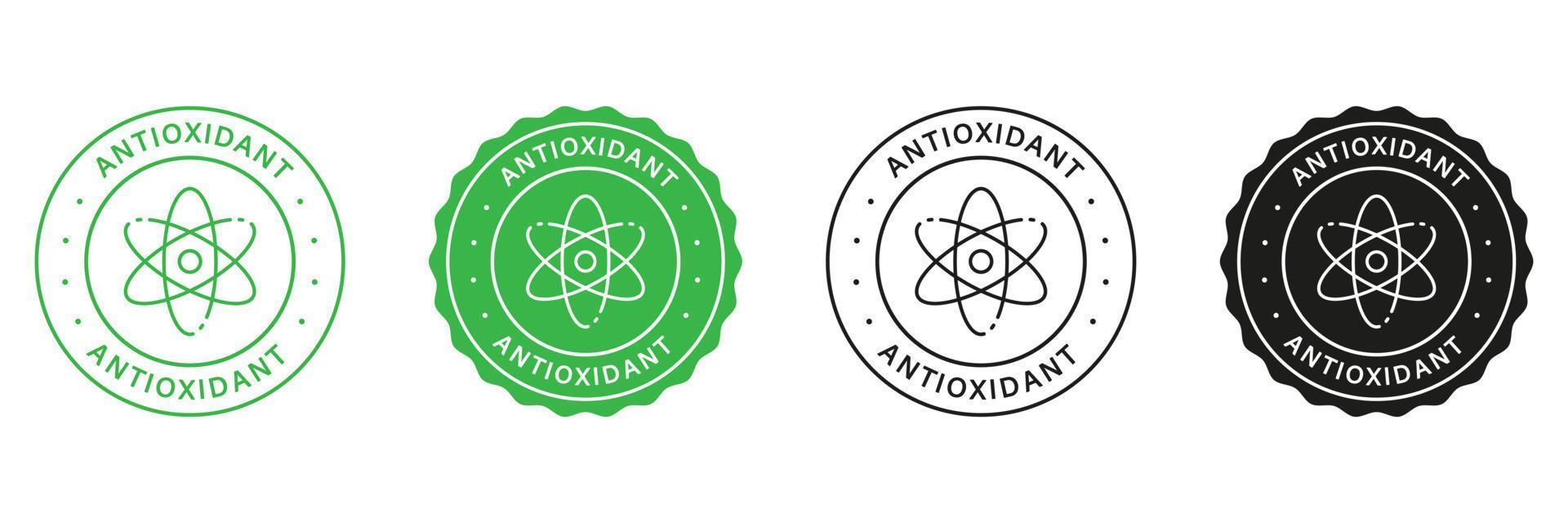 Natural Antioxidant Stamps Set. Healthy Organic Natural Products Green and Black Labels. Antioxidant Molecular Cell Logo. Antioxidant Detox Symbol. Isolated Vector Illustration.