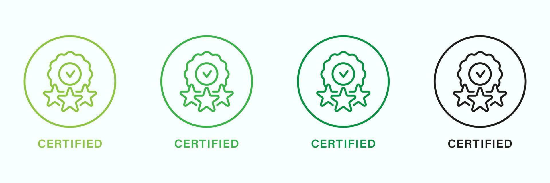 Certified Product Quality Line Green and Black Icon Set. Certificate Guarantee Outline Pictogram. Accredited Product Stamp with Stars. Control Symbol, Verified Seal. Isolated Vector Illustration.