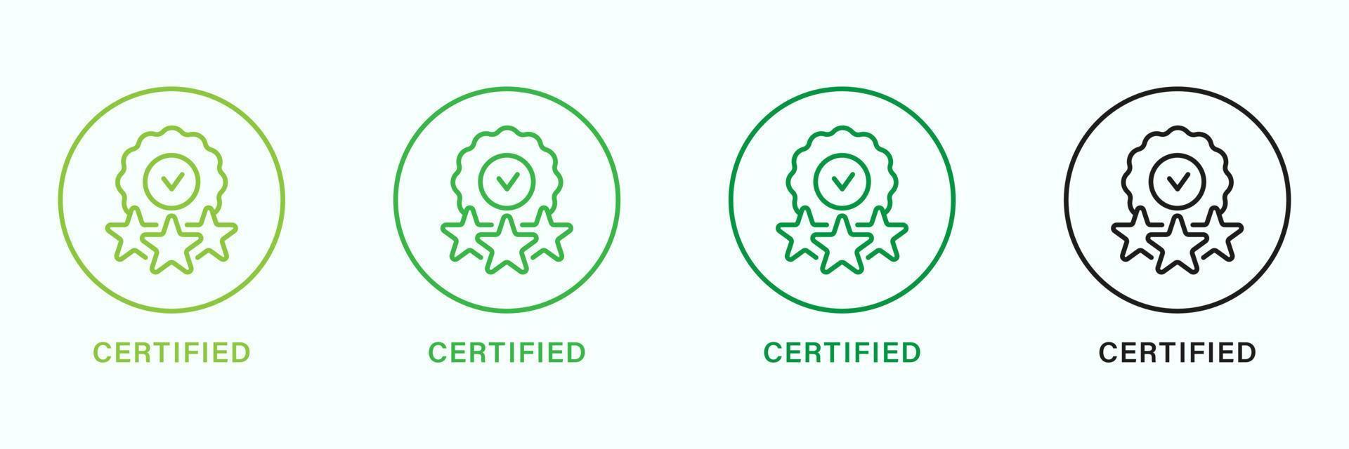 Certified Product Quality Line Green and Black Icon Set. Certificate Guarantee Outline Pictogram. Accredited Product Stamp with Stars. Control Symbol, Verified Seal. Isolated Vector Illustration.