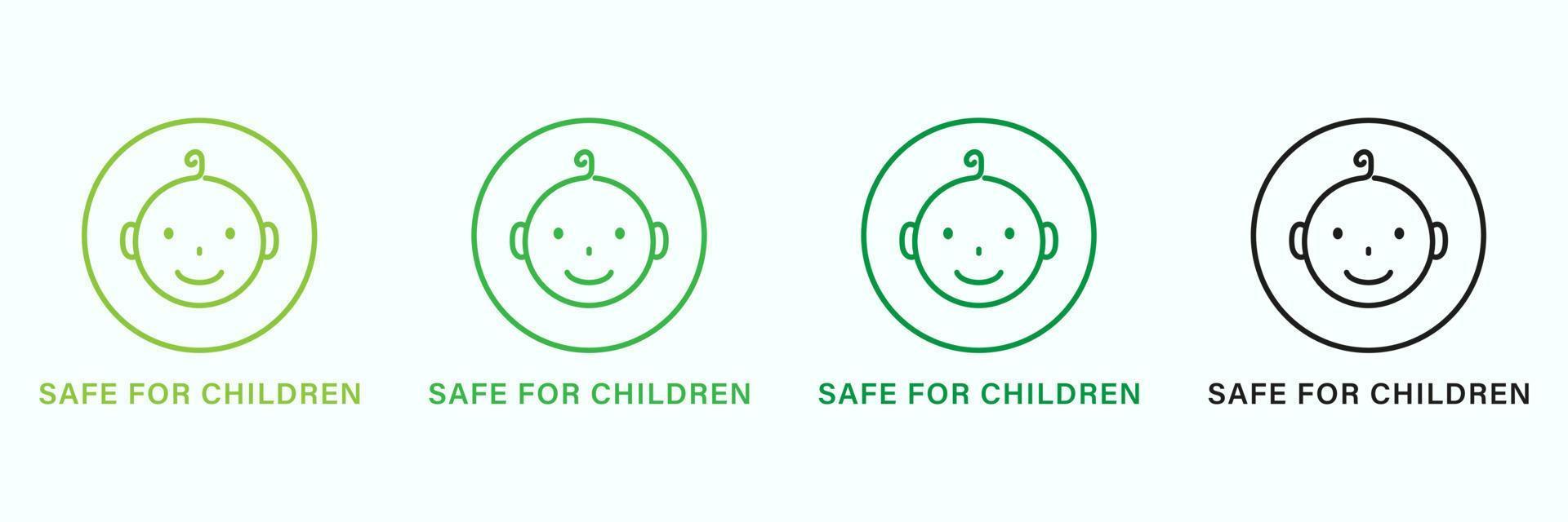 Safe for Children Line Green and Black Icon Set. Safety Product for Child Pictogram. Kid Friendly Zone. Non Toxic Material for Kid. Baby Food Sign in Restaurant Menu. Isolated Vector Illustration.