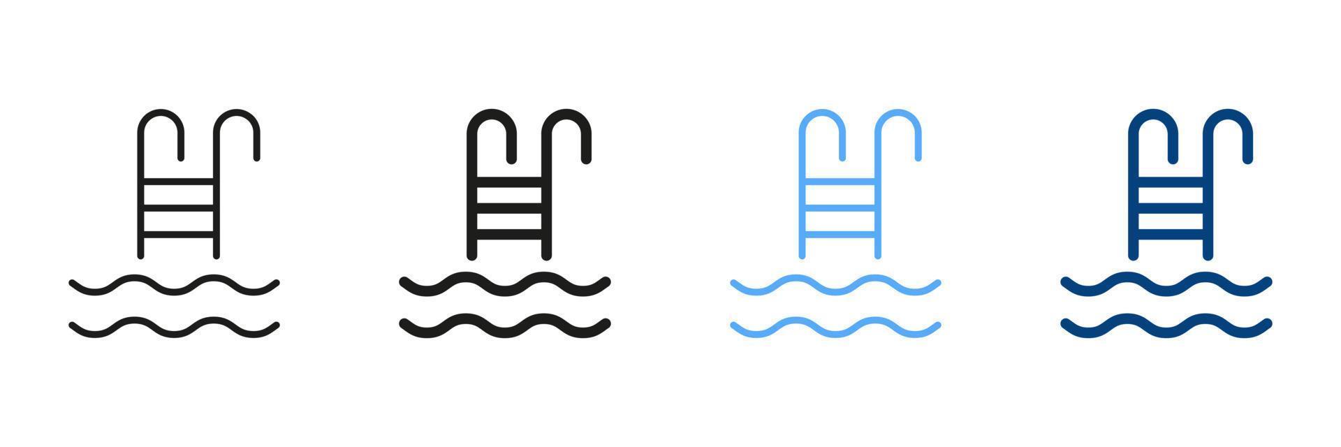 Swimming Pool Ladder Silhouette and Line Icon Set. Stairs for Swim Pool Black and Color Sign. Summer Vacation, Relaxation, Sports Exercise in Pool Symbol Collection. Isolated Vector Illustration.