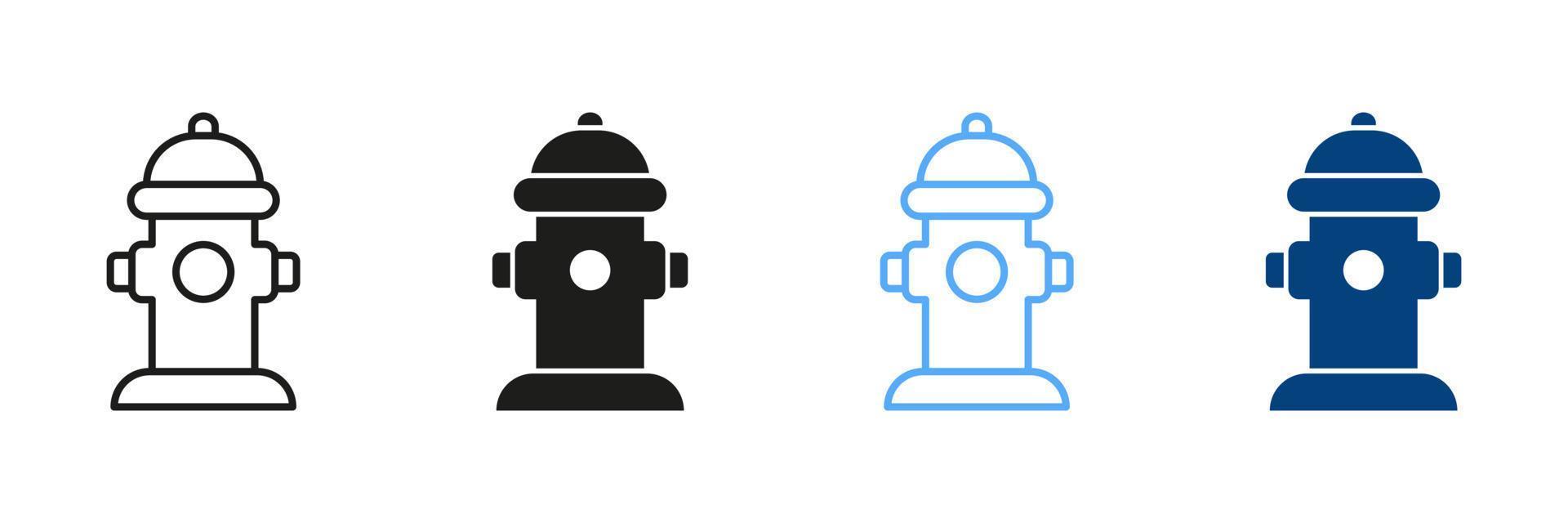 Fire Hydrant Silhouette and Line Icon Set. Fire Extinguishing Hydrant Black and Color Sign Collection. Isolated Vector Illustration.