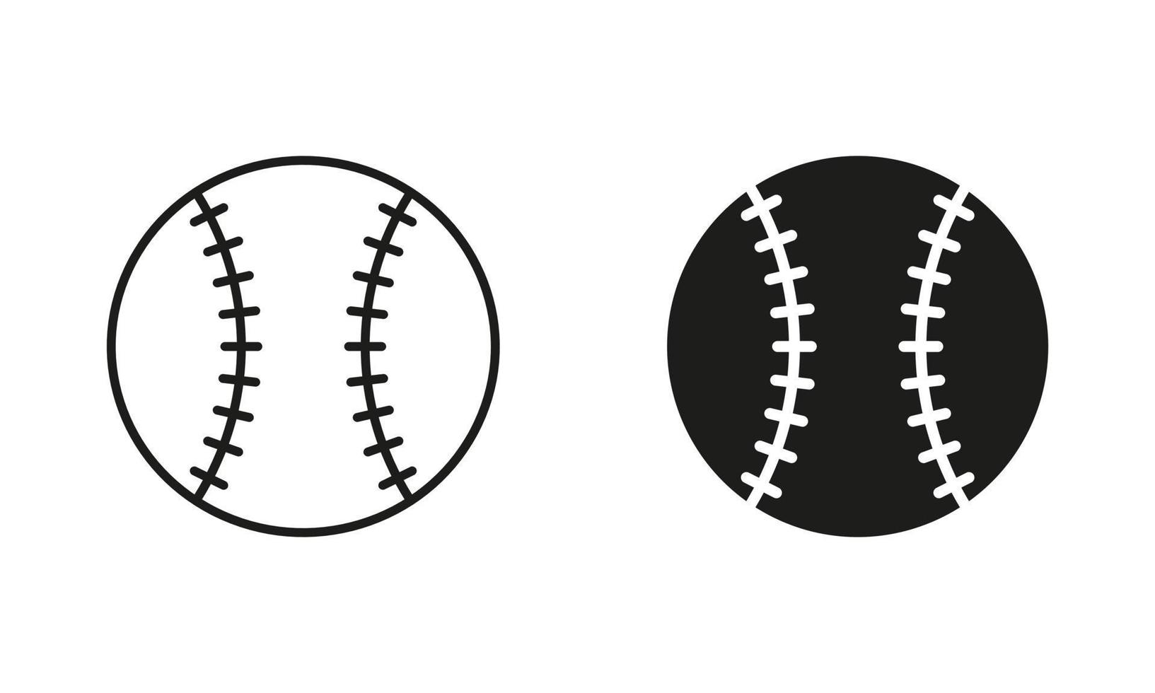 Baseball Ball Black Silhouette and Line Icon Set. Ball for Play Sports Game Solid and Outline Symbol Collection on White Background. Isolated Vector Illustration.