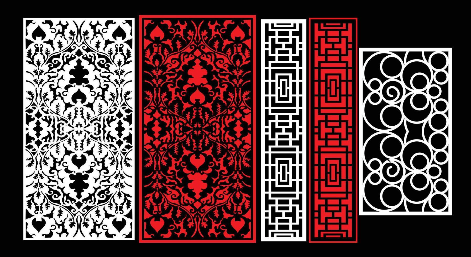 Decorative wall panels set Jali design CNC pattern, laser cutting pattern, router CNCcutting.Jali Laser cut decorative panel set with lace pattern. vector