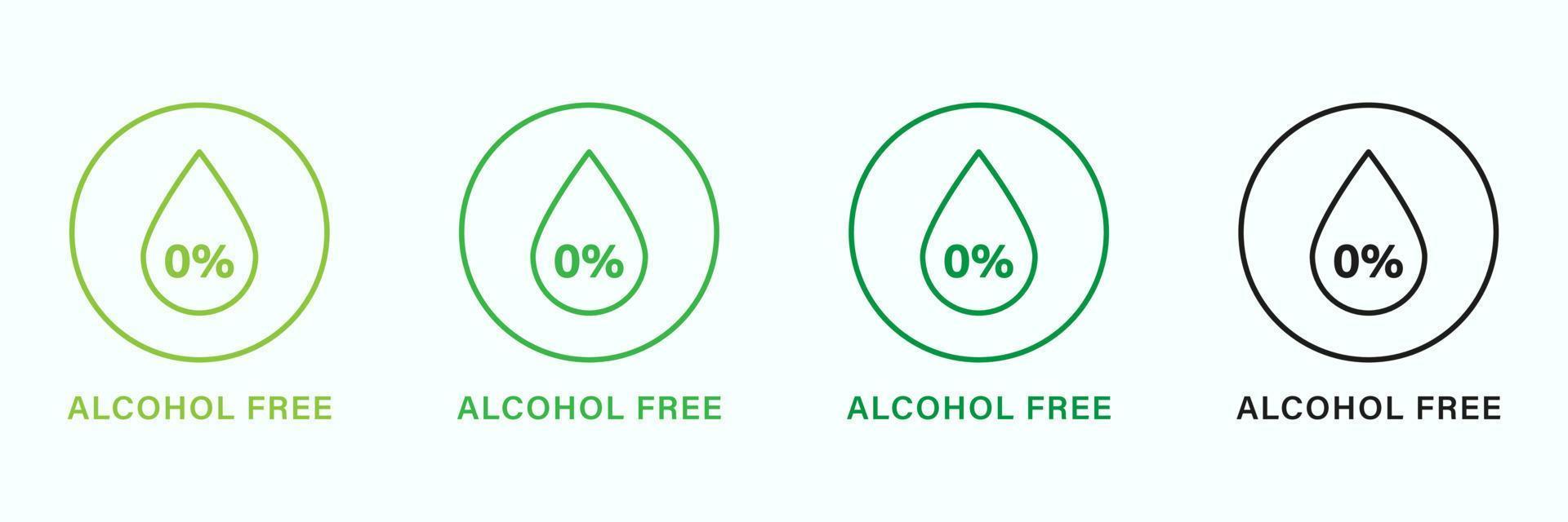 Alcohol Free Product Line Green and Black Icons Set. Drop, Droplet in Round Outline Sticker of Nonalcoholic. Non Alcohol Sign. No Contain Alcohol in Natural Cosmetic. Isolated Vector Illustration.