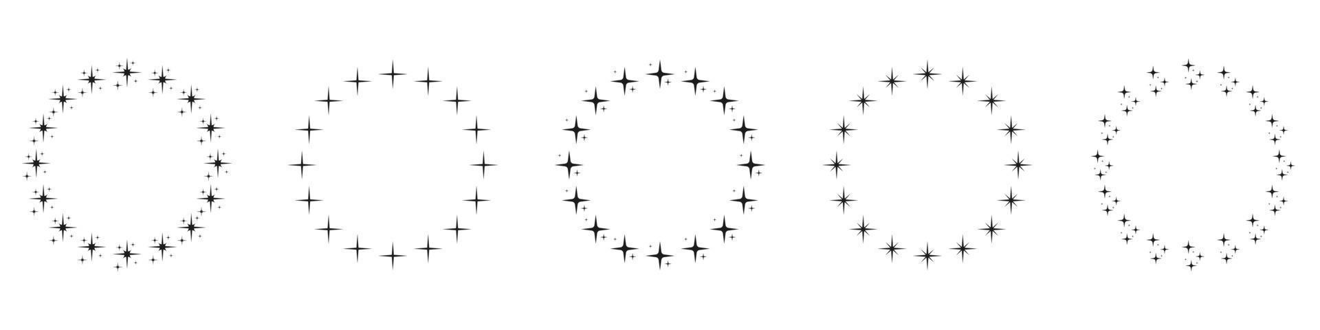 Stars in Circle Shape Silhouette Icon Set. Circular Decor Ornament Icon on White Background. Modern Round Award Frame with Black Stars Pictogram. Isolated Vector Illustration.