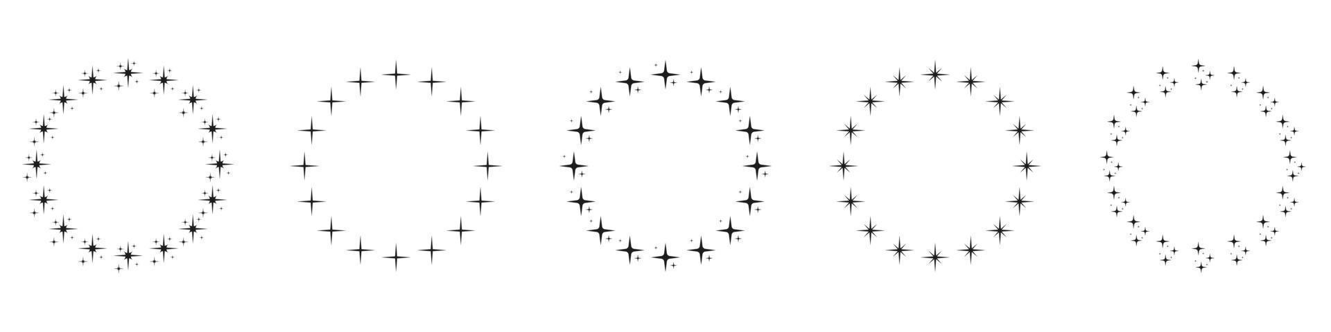 conjunto de iconos de silueta de estrellas en forma de círculo. icono de adorno de decoración circular sobre fondo blanco. marco de premio redondo moderno con pictograma de estrellas negras. ilustración vectorial aislada. vector