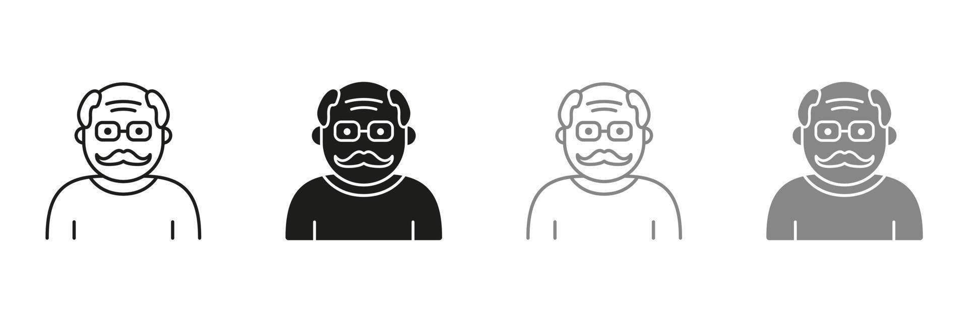 Old Man, Senior Person Silhouette and Line Icon Color Set. Happy Elder Man Pictogram. Old Grandfather Symbol Collection on White Background. Retirement Concept. Isolated Vector Illustration.