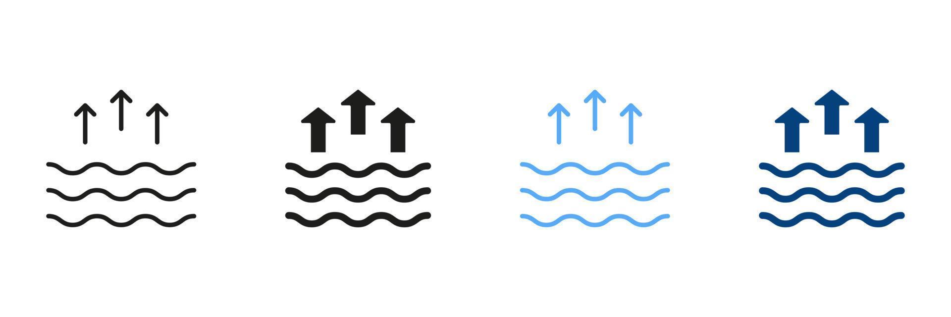 High Tide Silhouette and Line Icon Set. Waves on the Sea or Ocean Black and Color Symbol Collection. Isolated Vector Illustration.