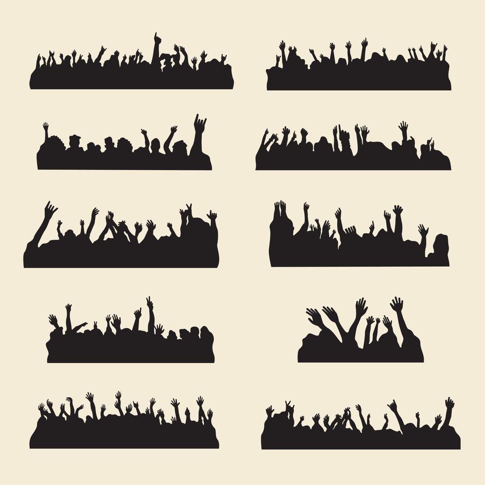 Cheerful crowd of people cheering applause, cheerful crowd silhouette, audience applause, silhouette of concert crowd, vector silhouette of a party crowd, disco concert