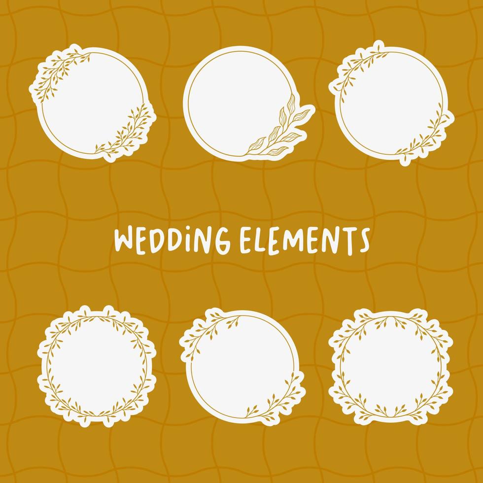 Minimal botanical wedding frame elements on white background. Set of wreath, flowers. leaf branches in hand drawn pattern. Foliage line art design for wedding, card, invitation, greeting, logo vector