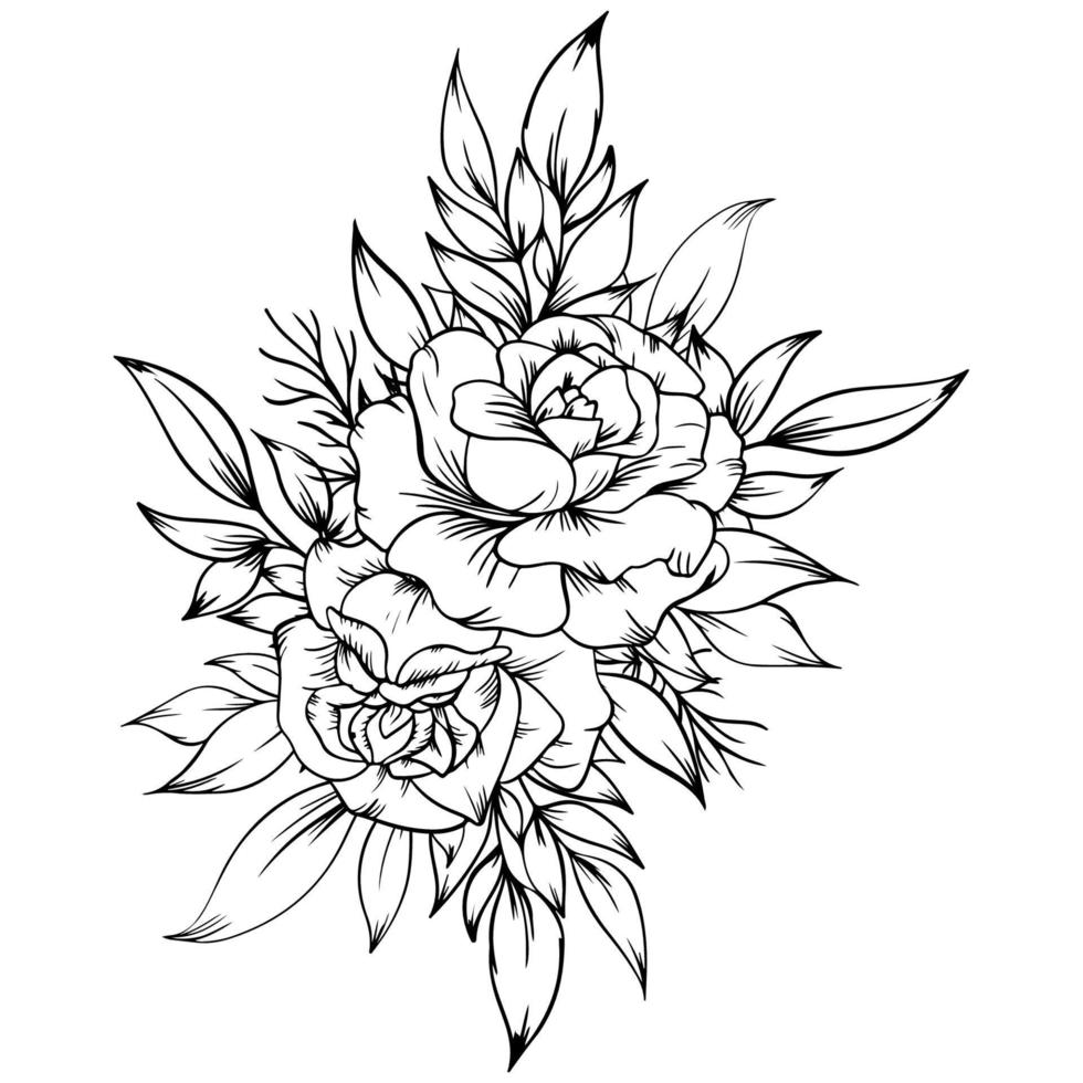 beautiful outline black and white rose and leaves vector