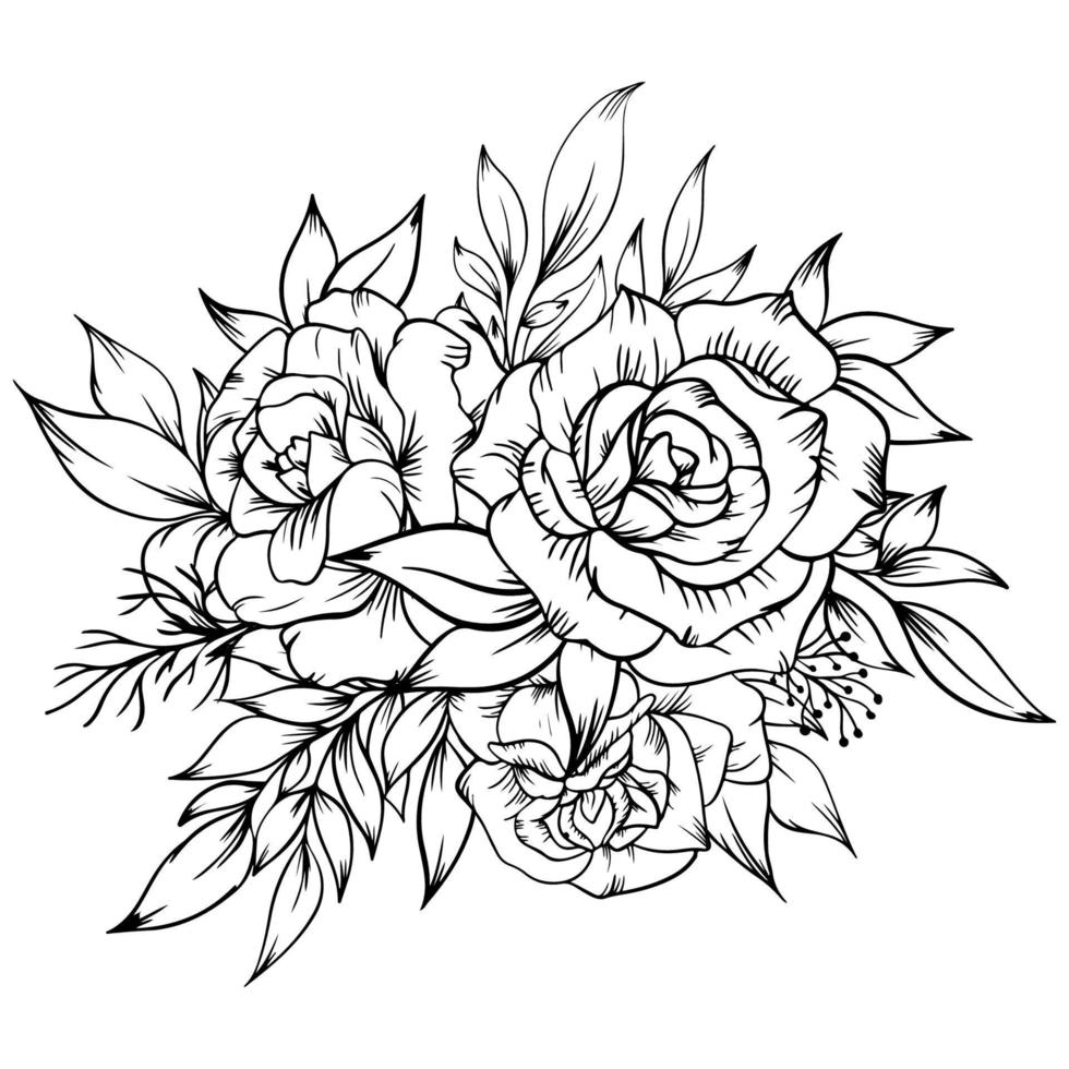 beautiful outline black and white rose and leaves vector