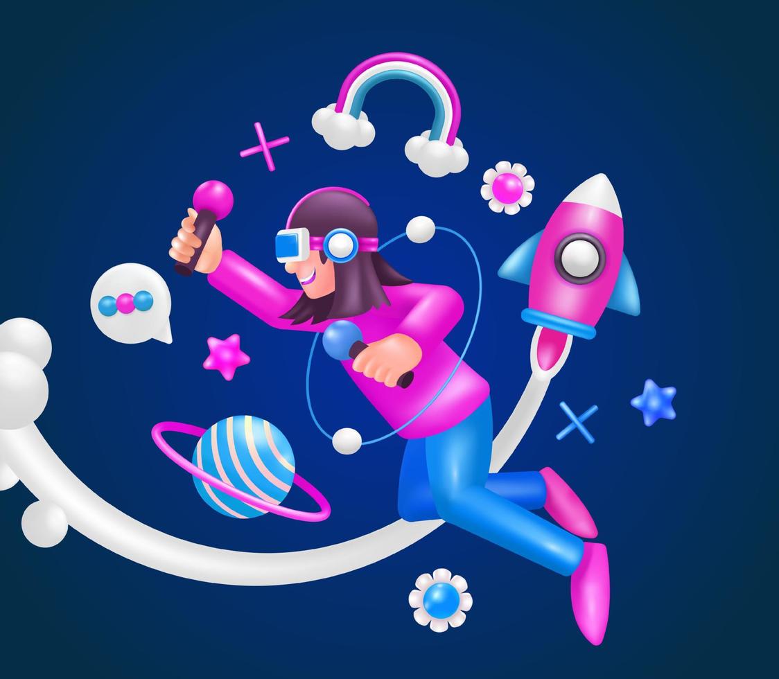 Virtual reality. 3d vector woman holding game console controller, with rocket and planet ornament