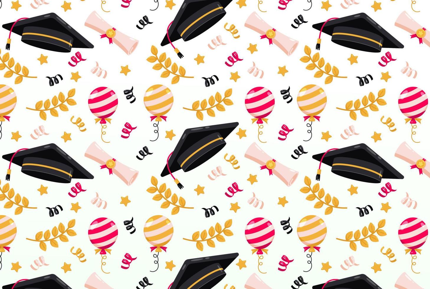 Happy Graduation. Cap, certificate, wheat and balloon pattern vector