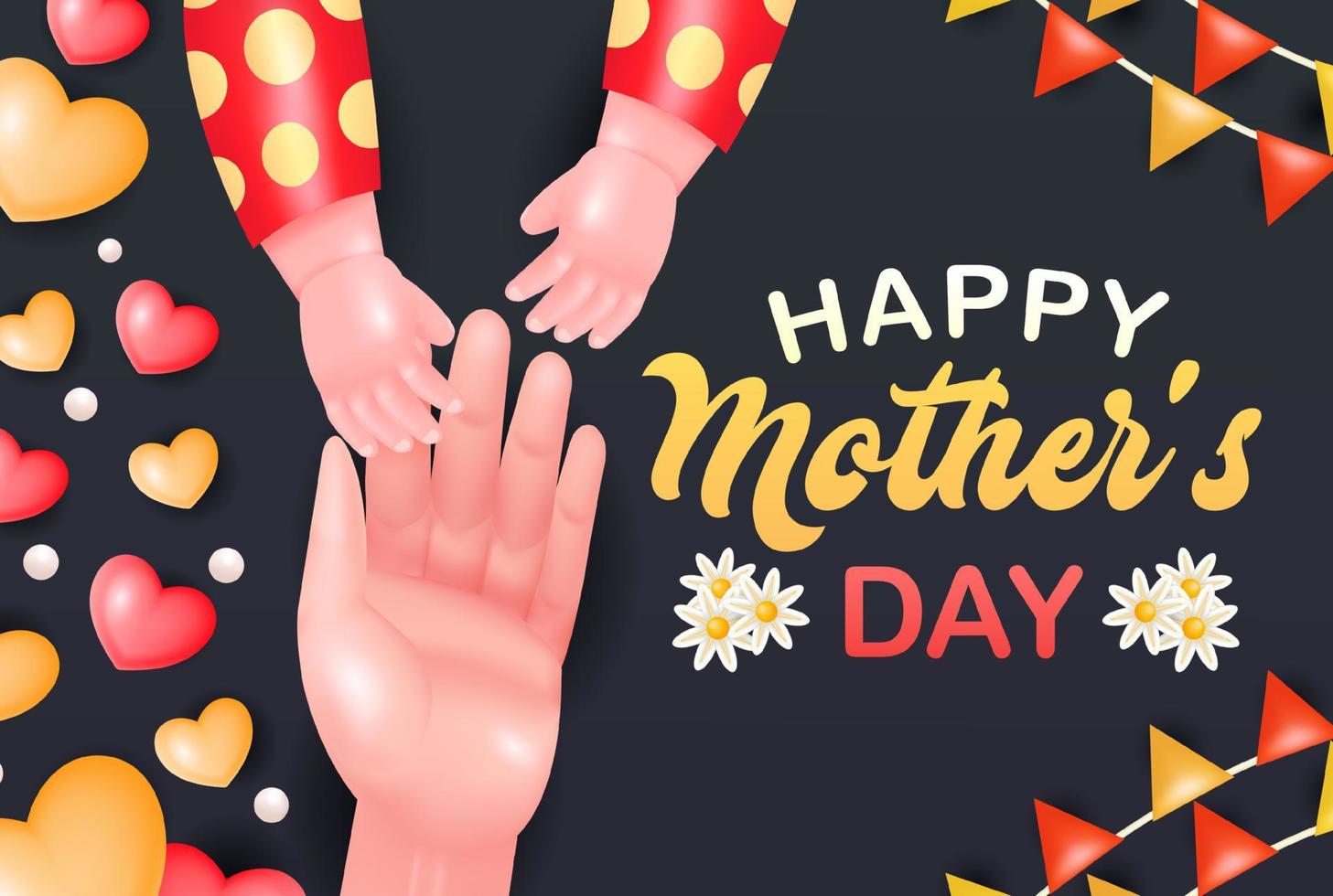 Happy mother's day, 3d vector of mother and baby hands with love and flower ornaments