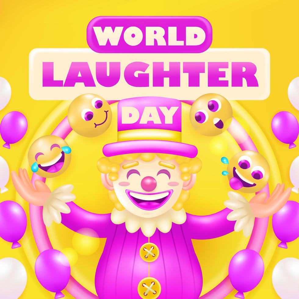 World laughter day. 3d vector clown with balloon ornament and happy emoticon