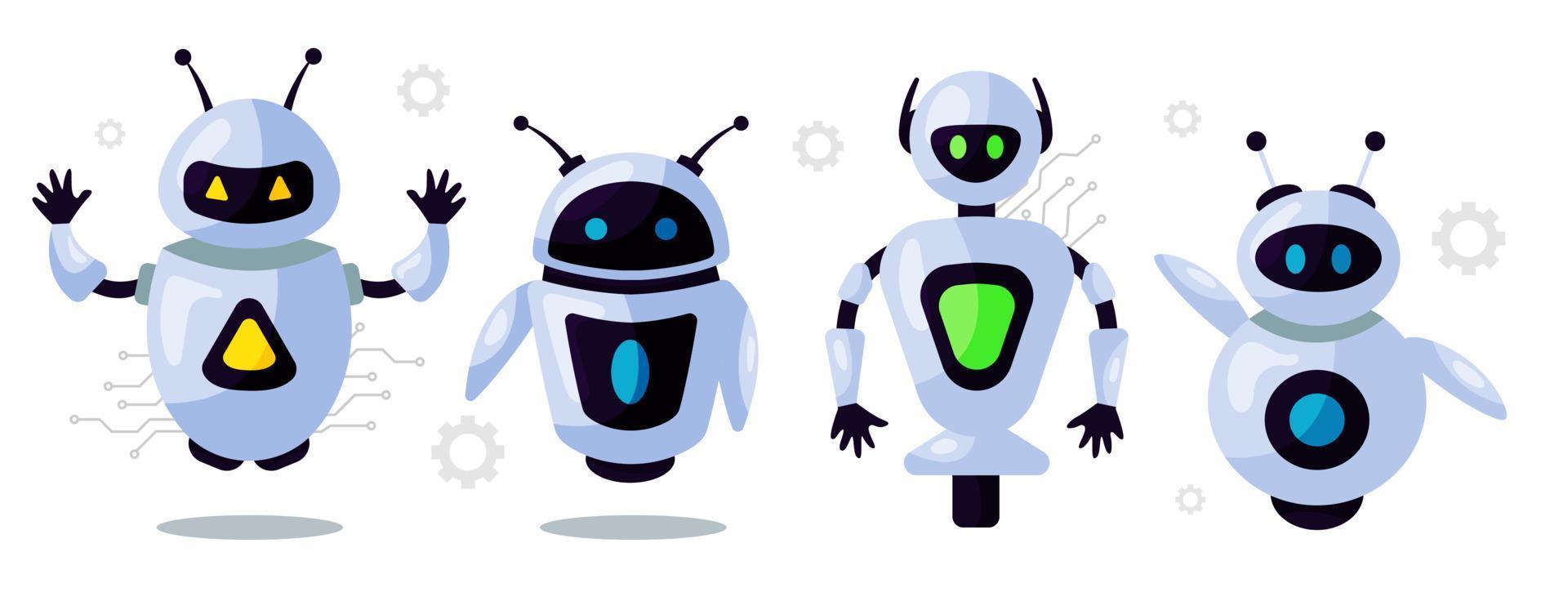 conjunto de linda robots, chatbots, ai bots caracteres diseño vector. ai tecnología y ciber caracteres. futurista tecnología Servicio y comunicación artificial inteligencia concepto vector