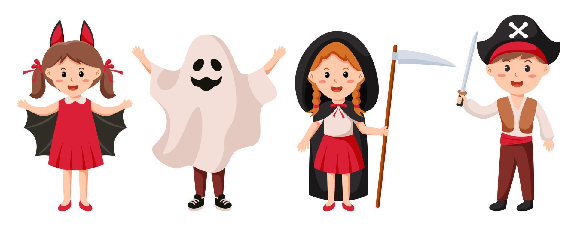 Halloween character vector set. Kids cartoon wearing Halloween costumes