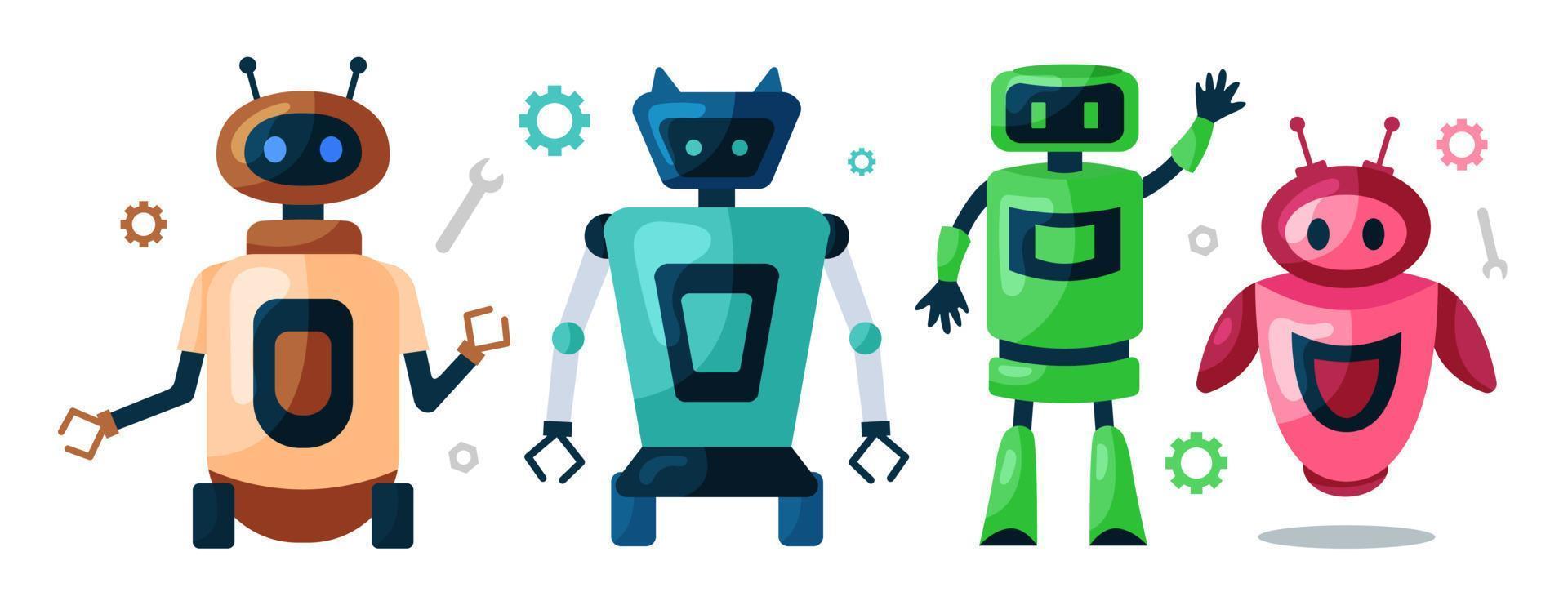 Set of cute robots, chatbots, AI bots characters design vector. AI technology and cyber characters. Futuristic technology service and communication artificial intelligence concept. vector