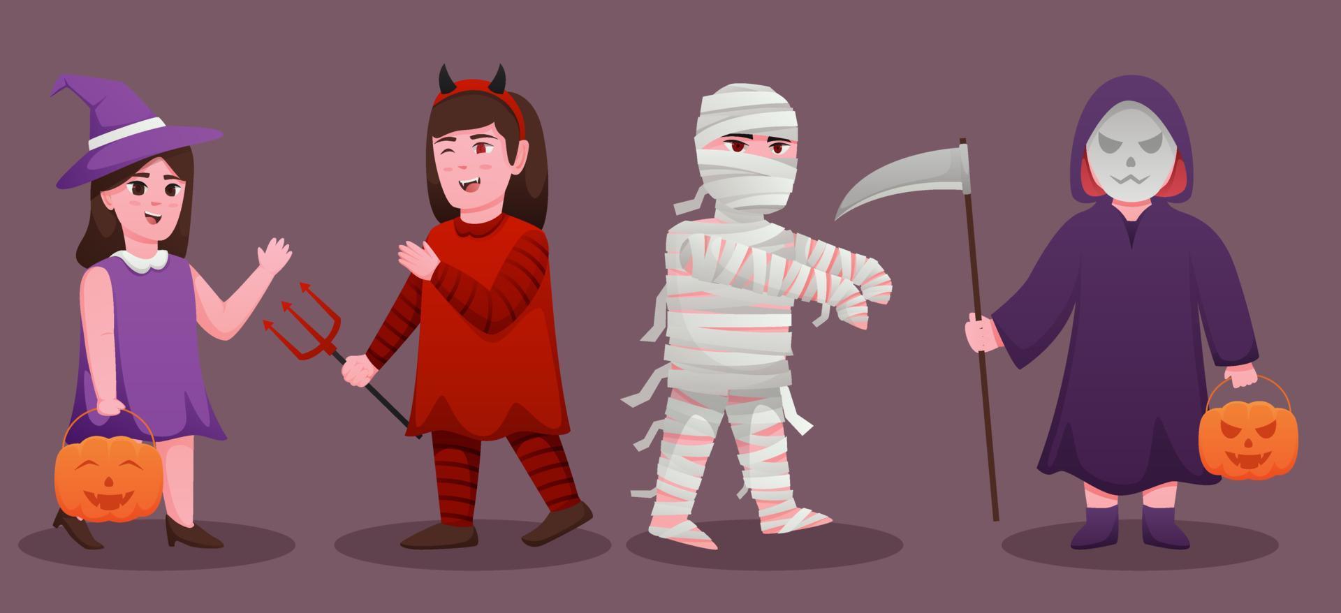 Víspera de Todos los Santos personaje vector conjunto con bruja, monstruo, vendaje y fantasma disfraces niños dibujos animados vistiendo Víspera de Todos los Santos disfraces