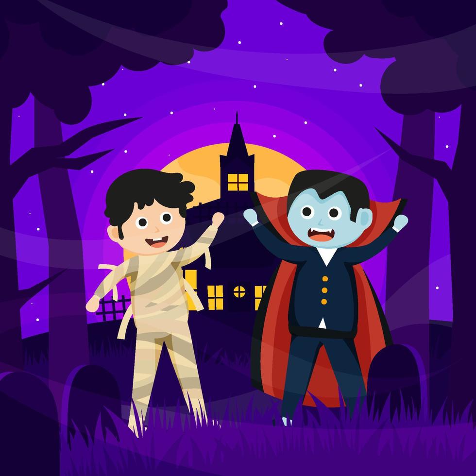 Happy Halloween background design vector with kids in Halloween bandage and vampire costumes.