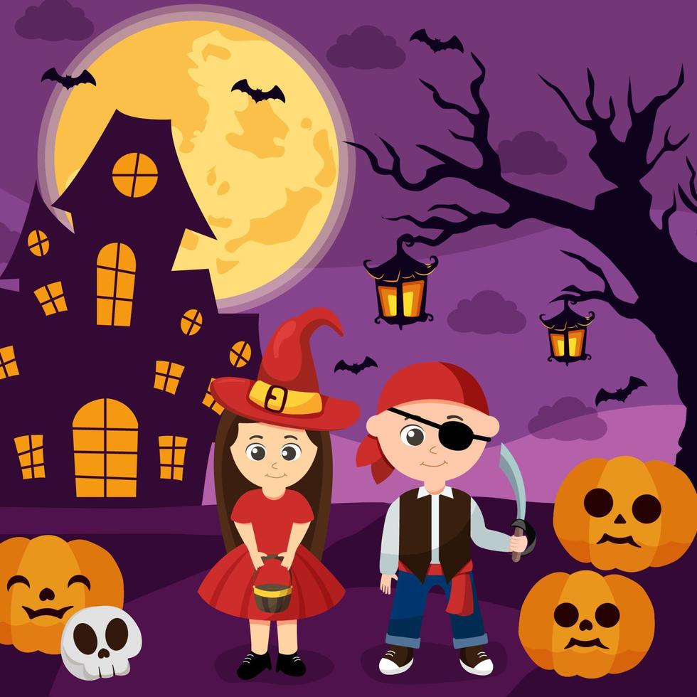 Happy Halloween background design vector with kids in Halloween witch and pirate costumes.