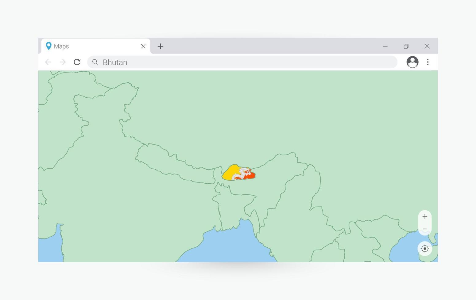 Browser window with map of Bhutan, searching  Bhutan in internet. vector