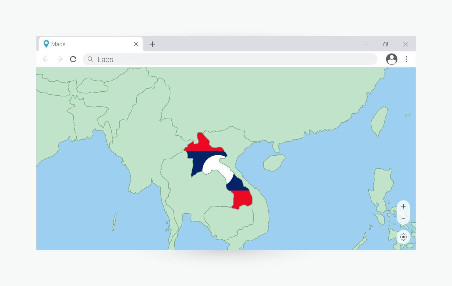 Browser window with map of Laos, searching  Laos in internet. vector