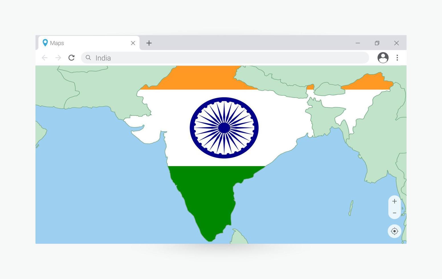 Browser window with map of India, searching  India in internet. vector