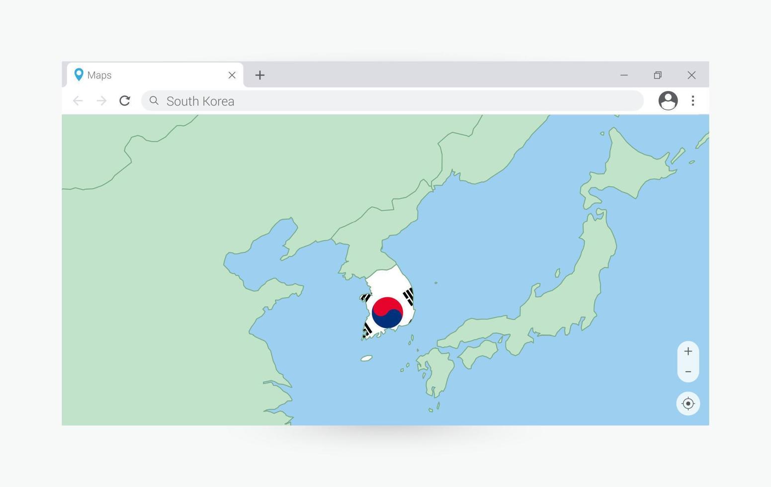 Browser window with map of South Korea, searching  South Korea in internet. vector