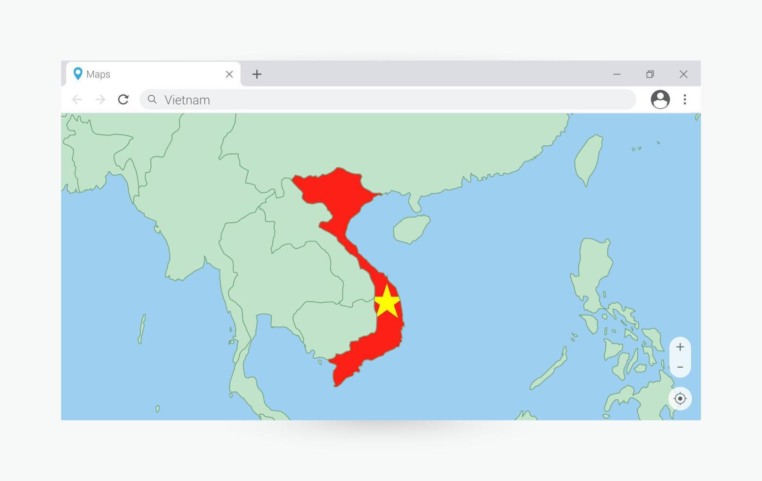 Browser window with map of Vietnam, searching  Vietnam in internet. vector