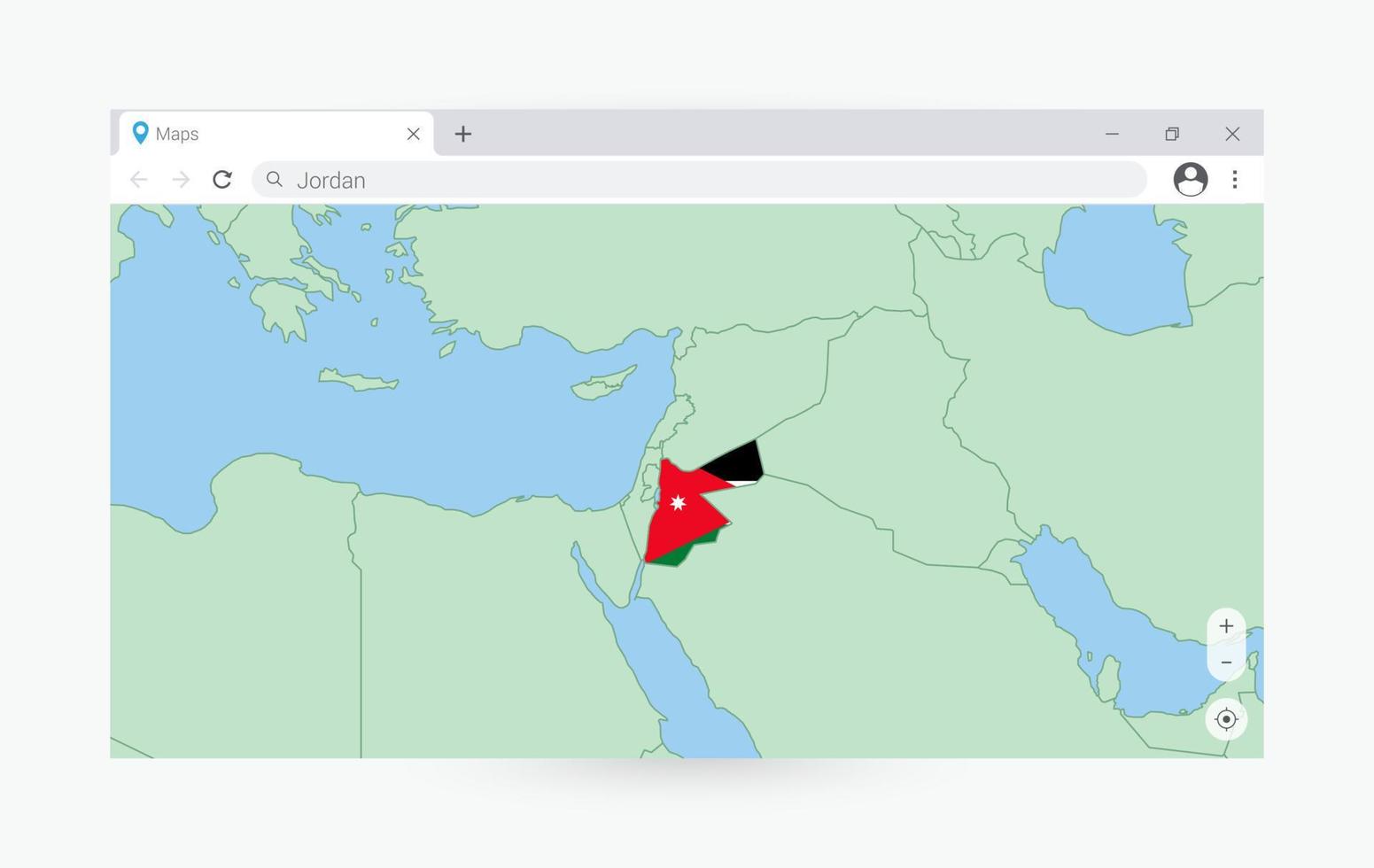 Browser window with map of Jordan, searching  Jordan in internet. vector