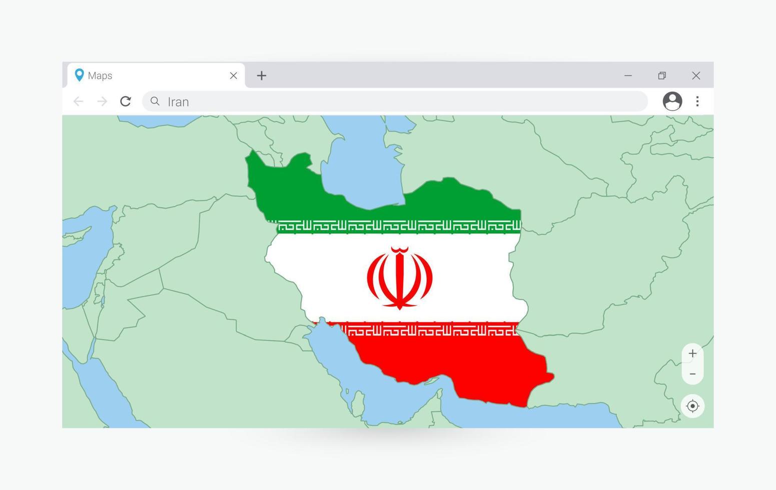 Browser window with map of Iran, searching  Iran in internet. vector