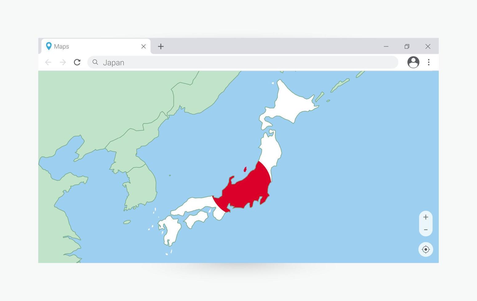 Browser window with map of Japan, searching  Japan in internet. vector