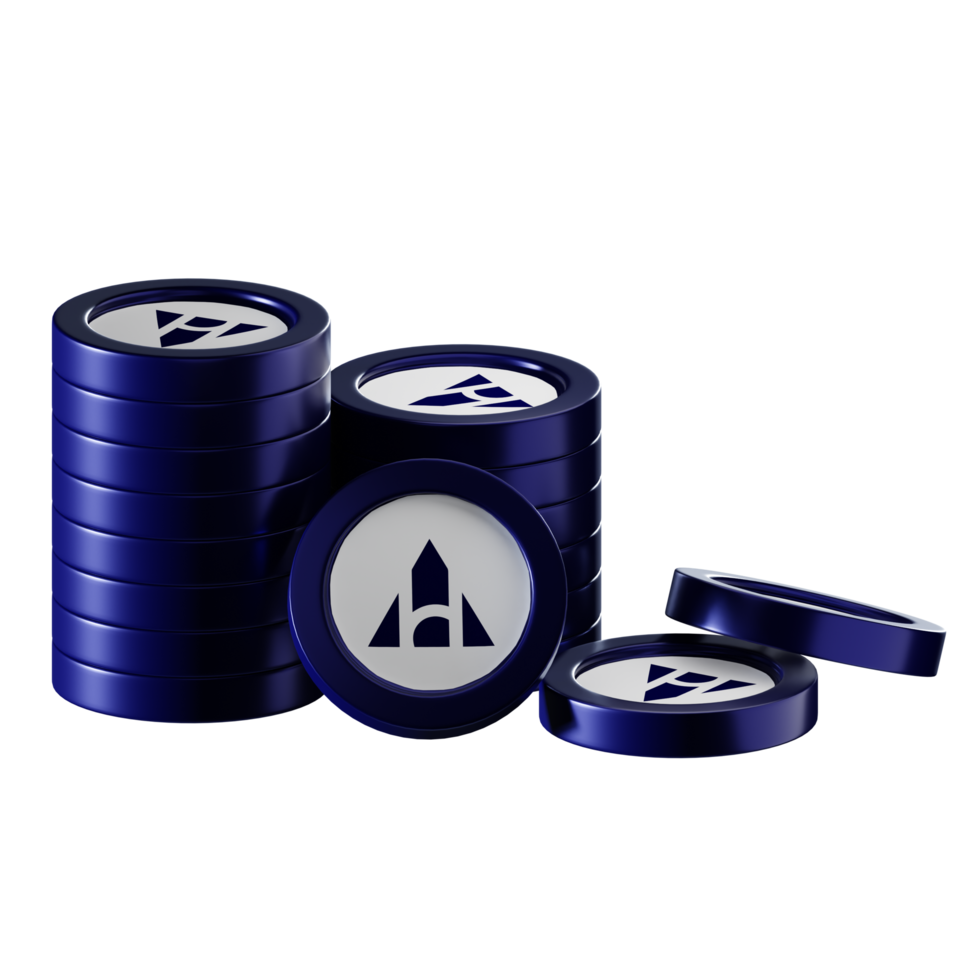 Alchemy Pay AHC coin stacks cryptocurrency. 3D render illustration png