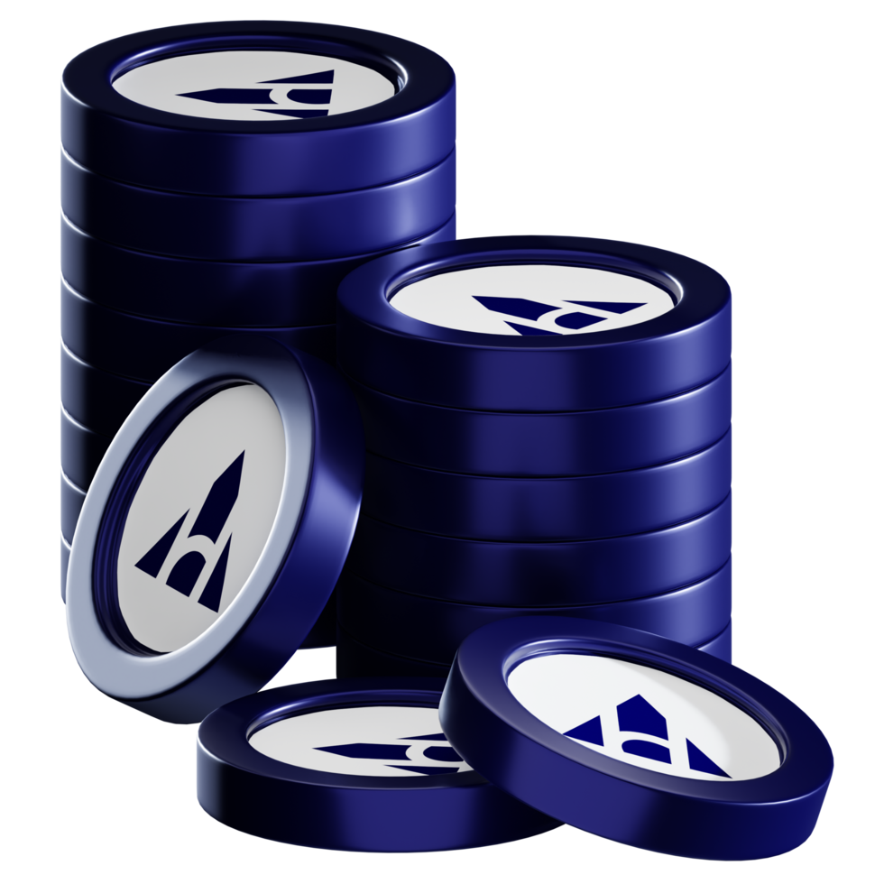 Alchemy Pay AHC coin stacks cryptocurrency. 3D render illustration png