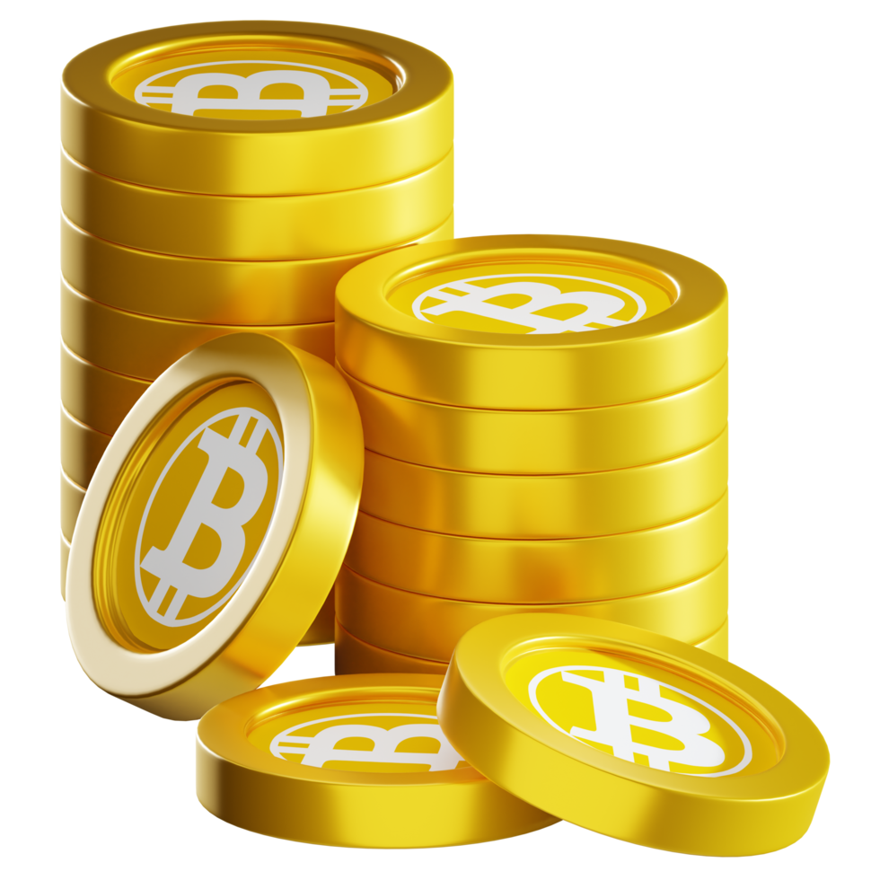 Bitcoin Gold BTG coin stacks cryptocurrency. 3D render illustration png