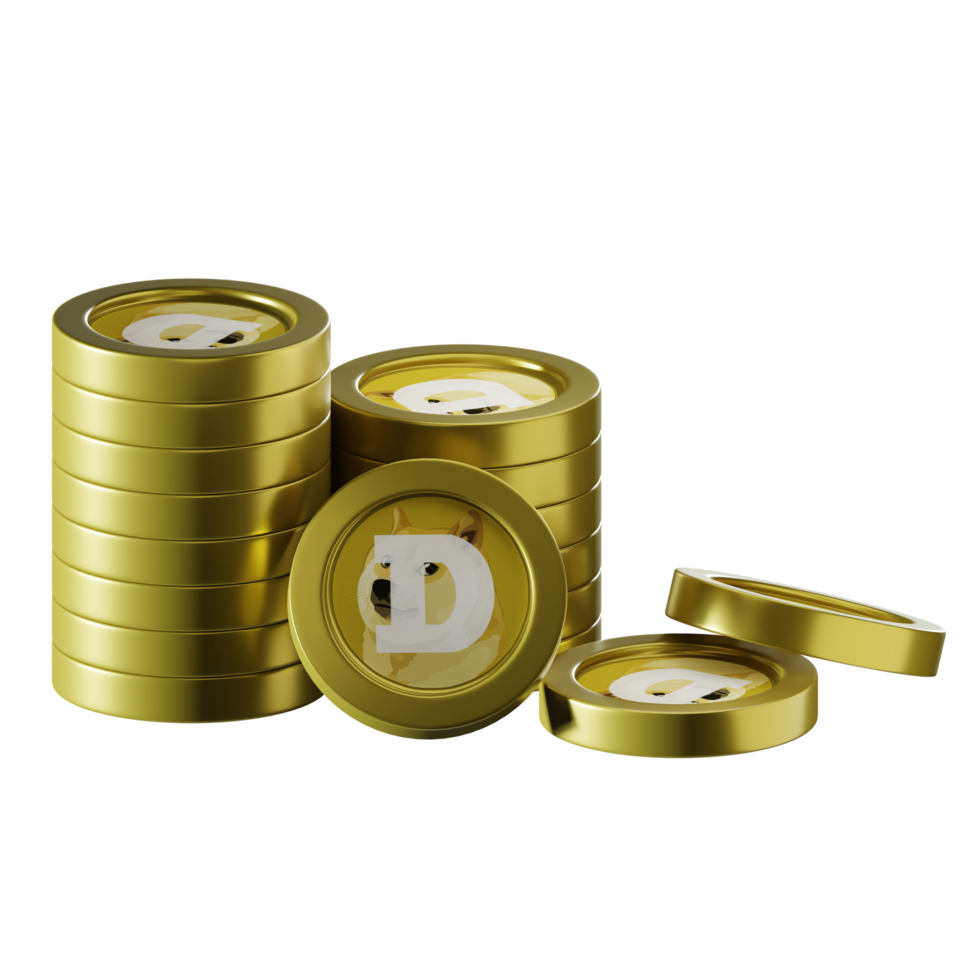 Dogecoin DOGE coin stacks cryptocurrency. 3D render illustration png