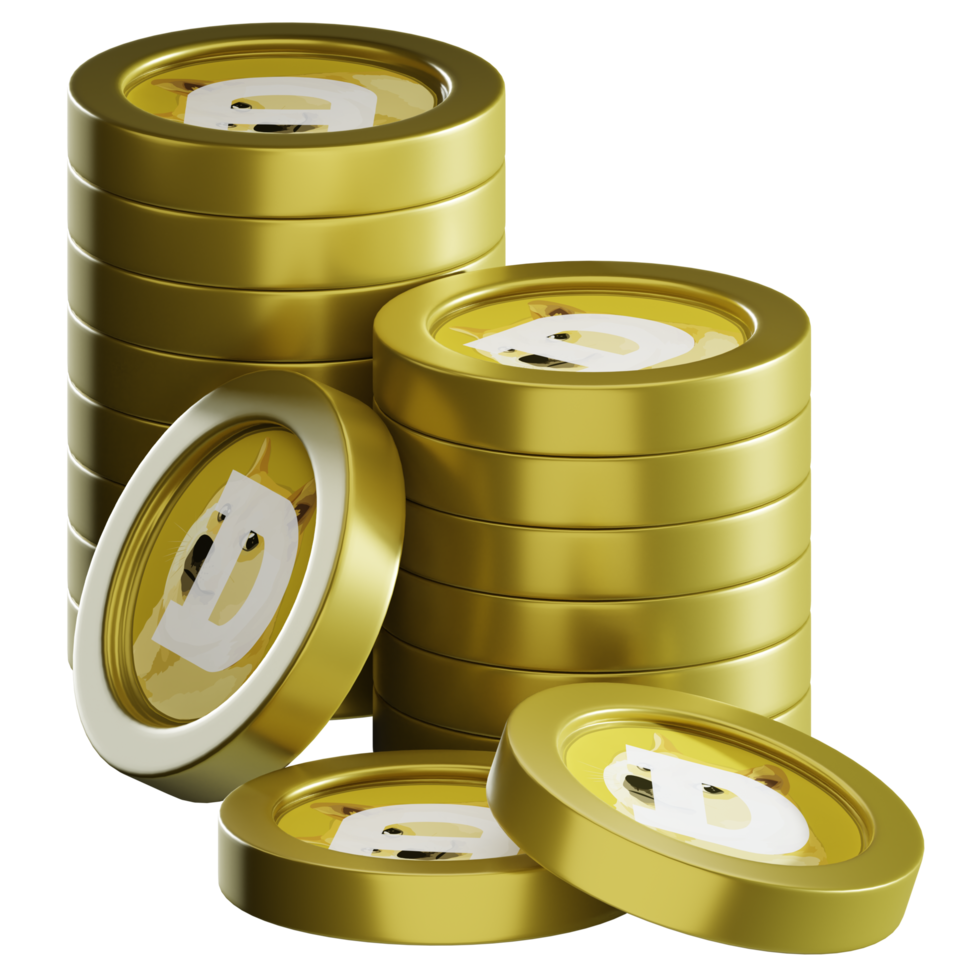 Dogecoin DOGE coin stacks cryptocurrency. 3D render illustration png