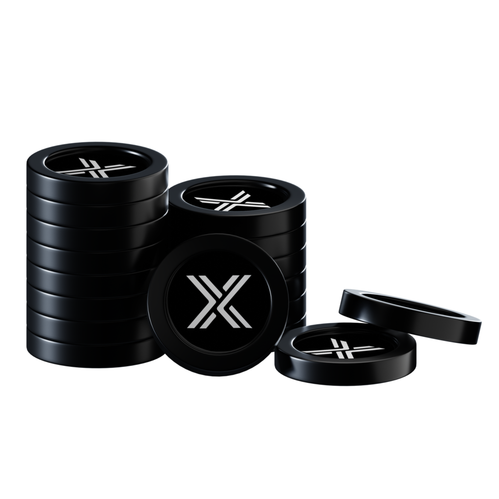 Immutable X IMX coin stacks cryptocurrency. 3D render illustration