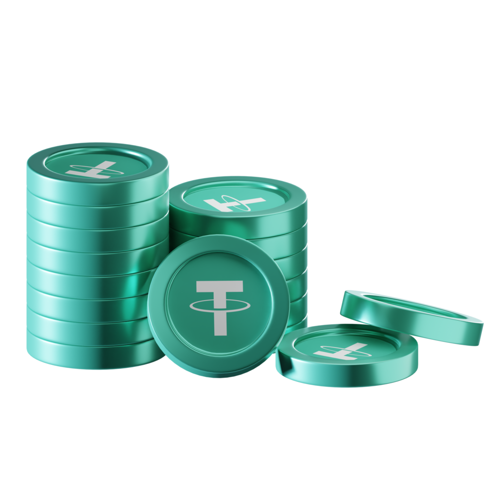 Tether USDT coin stacks cryptocurrency. 3D render illustration png