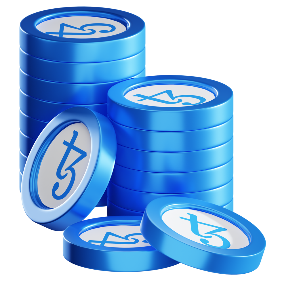 Tezos XTZ coin stacks cryptocurrency. 3D render illustration png