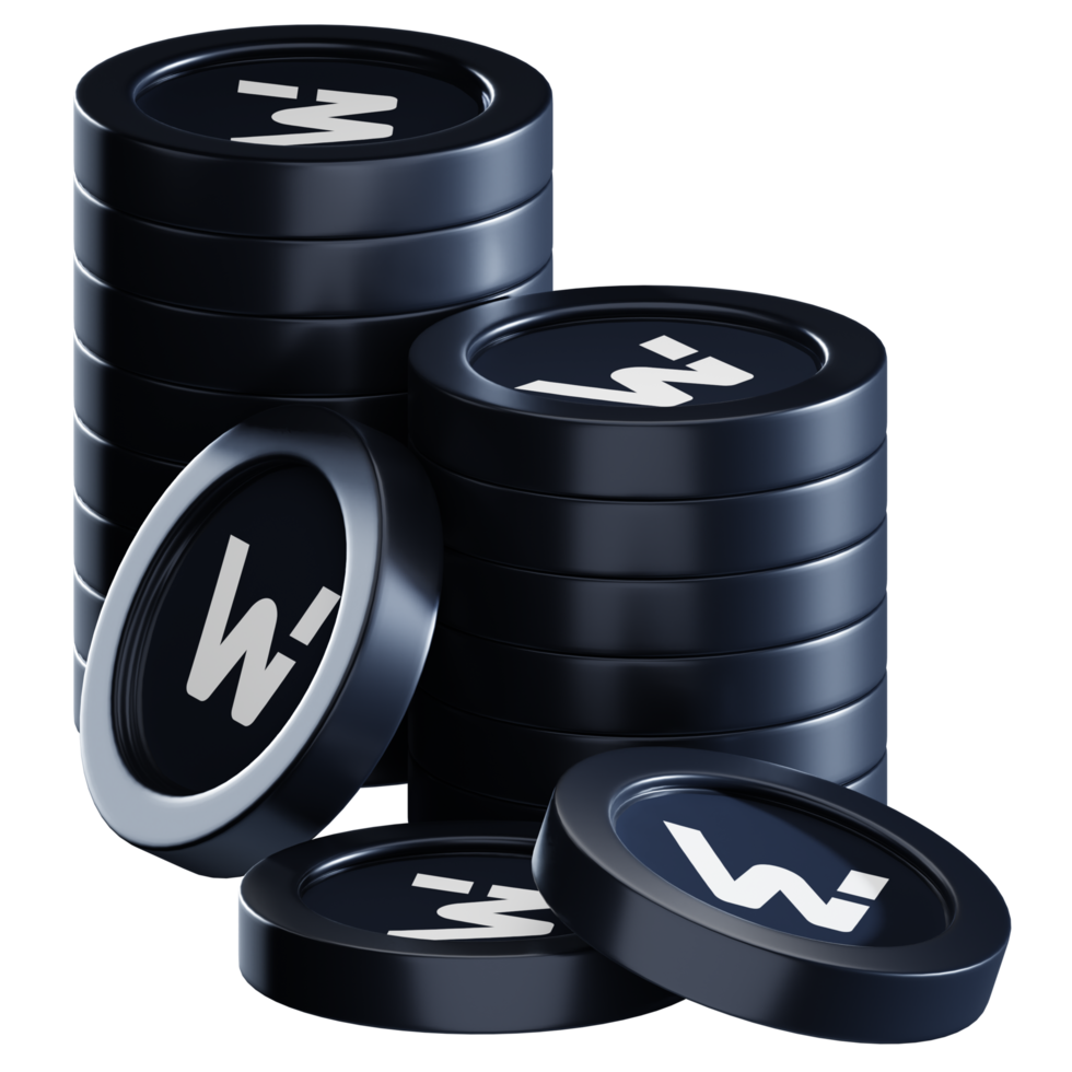 WOO Network WOO coin stacks cryptocurrency. 3D render illustration png