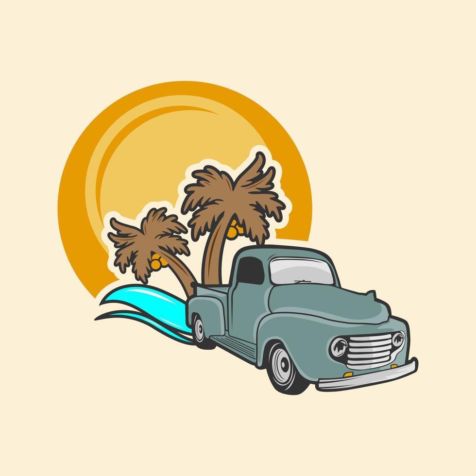Original vector illustration in vintage style. Bright design in the spirit of the 80-90 years. Retro car on the background of palm trees and sunset.