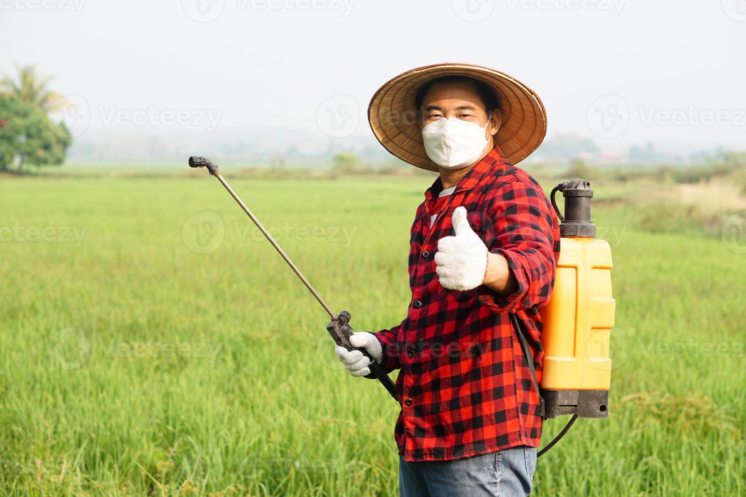 hermoso asiático granjero es pulverización orgánico fertilizante a arrozal campo. concepto utilizando simpático producto con ambiente , agricultura con No productos quimicos usando. la seguridad con usuario y ambiente. foto