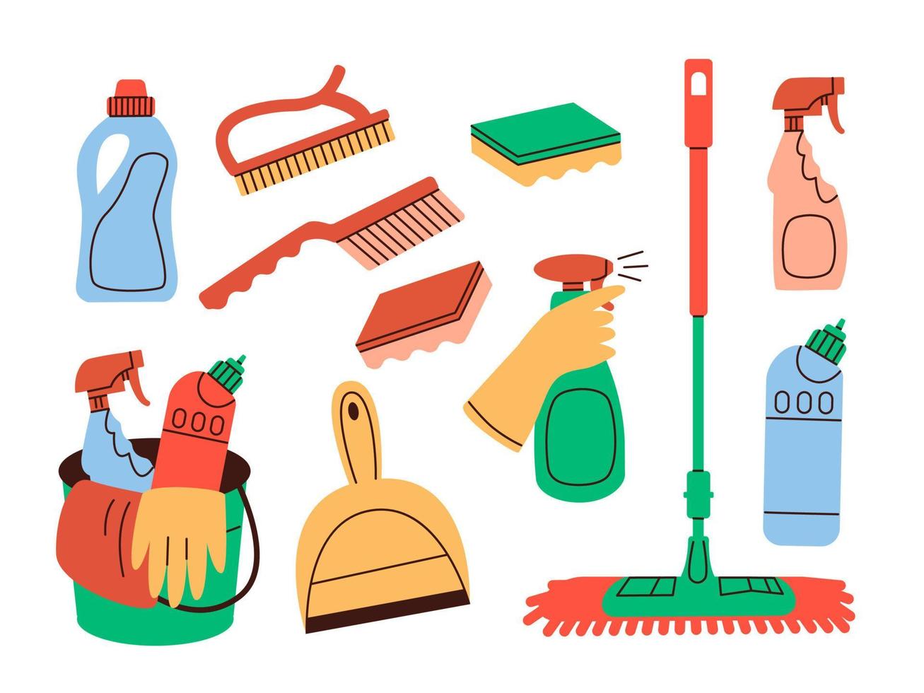 Cleaning products for housework. Home chemical detergent in bottles, household tools, equipment. vector