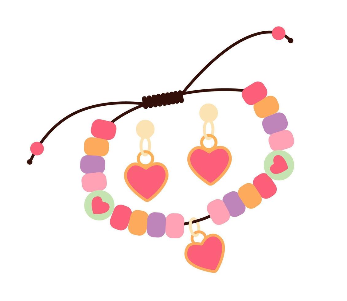 Set of children's jewelry. Earrings and bracelet for girls. Fashion, jewelry concept. vector