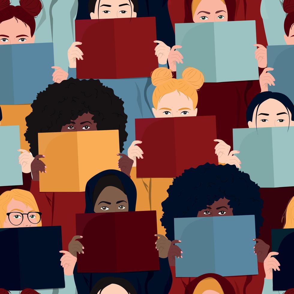 Seamless pattern with women hidding before the book. vector